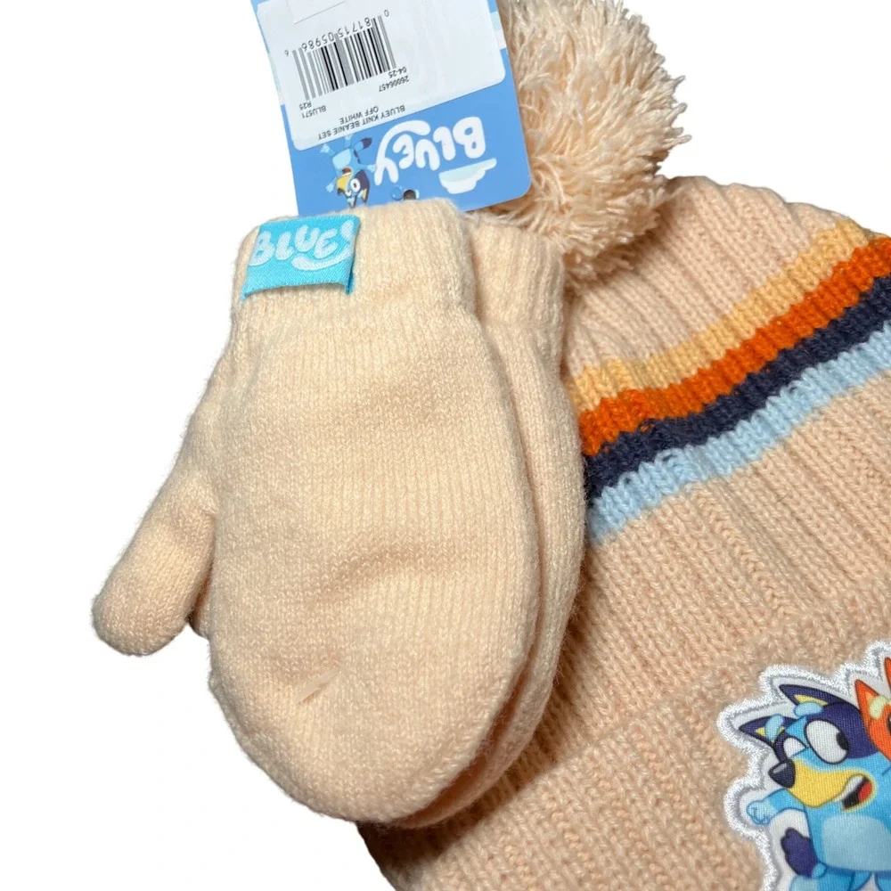 Bluey Knit Beanie Set Kids One Size Off White NEW Pom Hat Mittens Striped 2pc